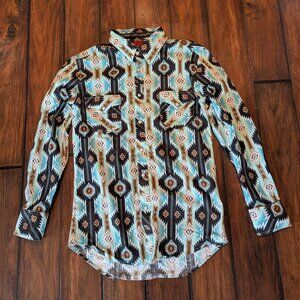 Rock & Roll Denim Shirt Mens Medium Blue Aztec Western Pearl Snap Modern Fit